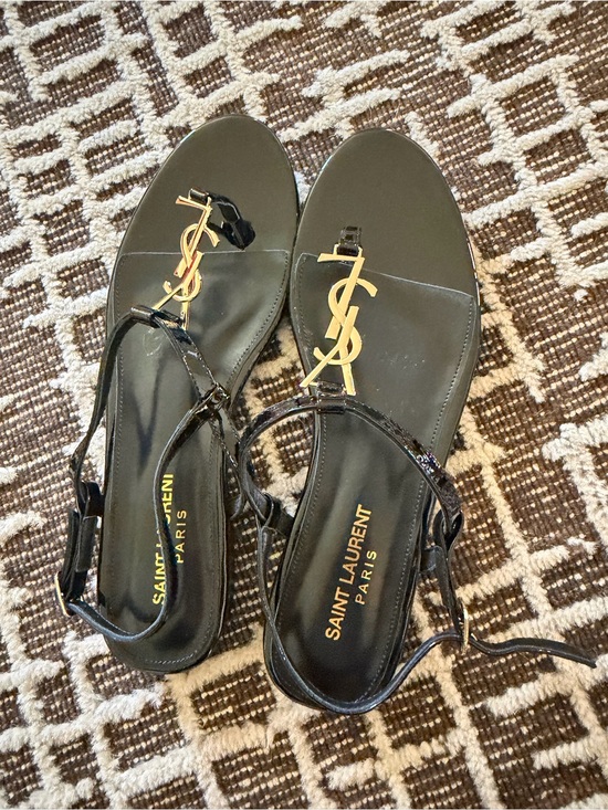 Saint Laurent Shoes - Saint Laurent Black  Sandals with Gold Logo REPLICAS-new but do not have boxes